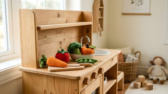 Wooden play kitchen with crochet vegetables for children's educational games and early learning.