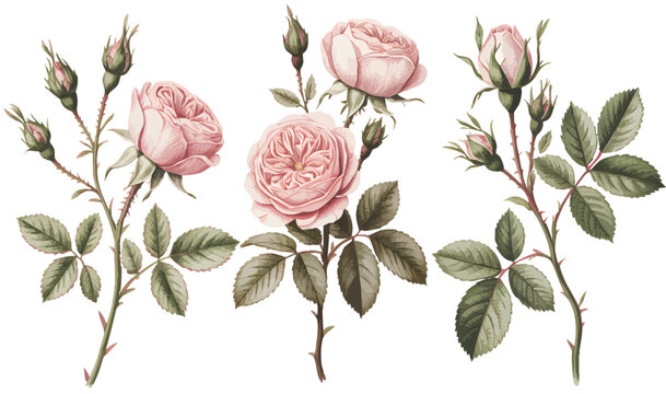 Vintage Pink Rose Watercolor Clipart Collection