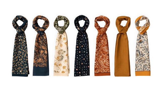 Set of tied silk scarves in different patterns