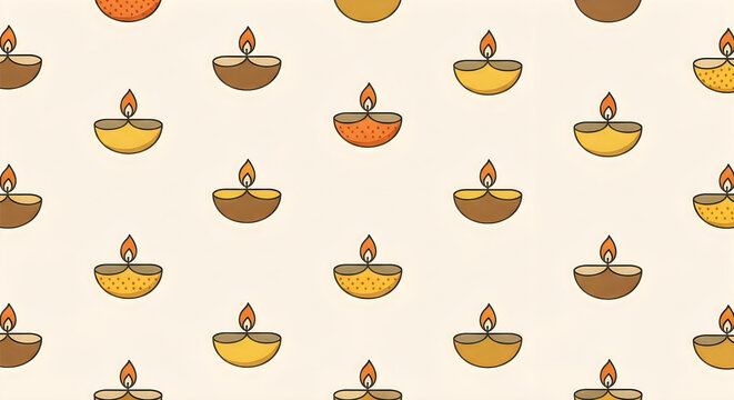 Seamless pattern background featuring colorful hand drawn oil lamps for the diwali festival