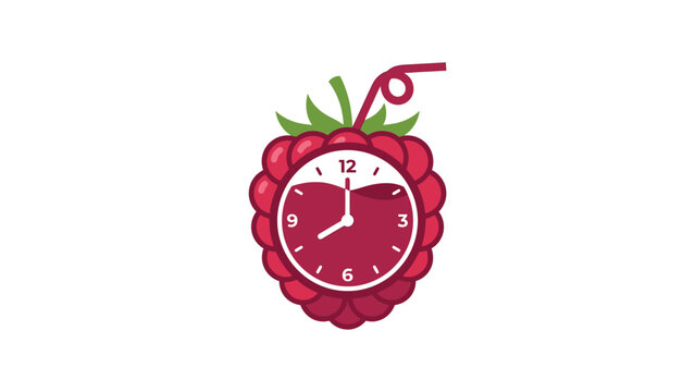 Berry drink logo design featuring a fresh raspberry combined with a clock face dial and drinking straw for juice bar cafe branding symbol.