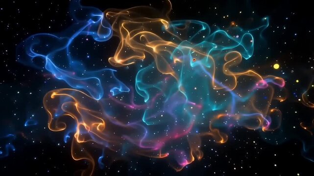 Abstract colorful fire and smoke swirling with glowing particles on bl
