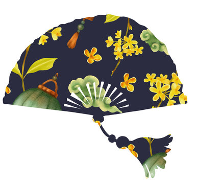 Japanese Hand Fans Collection, Traditional Asian Folding Fans with Decorative Floral Patterns, Elegant Oriental Accessories, Watercolor Illustration Set
