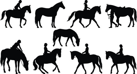 Fototapeta premium Horse Riding and Equestrian Silhouette Collection Featuring Riders Horses and Various Poses