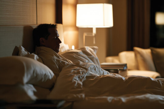 A man relaxes in bed, surrounded by soft linens and warm light, creating a serene atmosphere for introspection and unwinding after a long day.