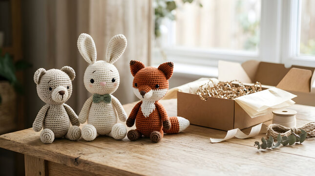 Handmade crocheted animal toys with gift packaging for holiday sales and children's product marketing.