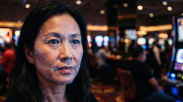 Woman undergoing facial recognition scan in a casino. Digital mesh overlay highlights biometric identification in a gaming environment.
