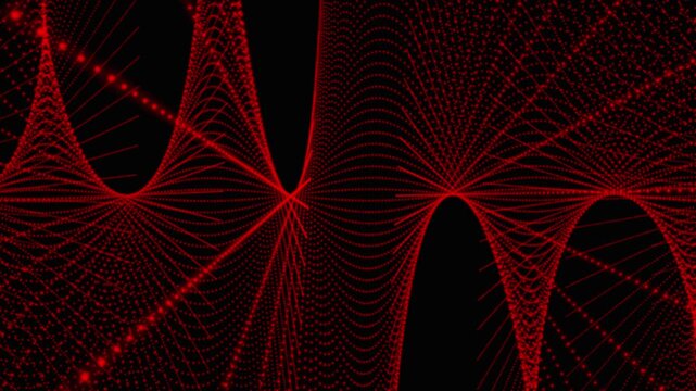 Abstract red digital wave formed by glowing particles moving on a dark red