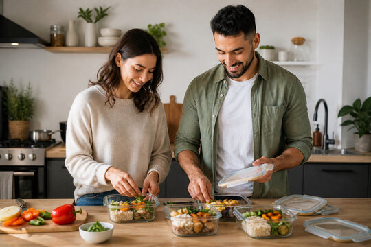 Couple preparing affordable healthy lunches at home