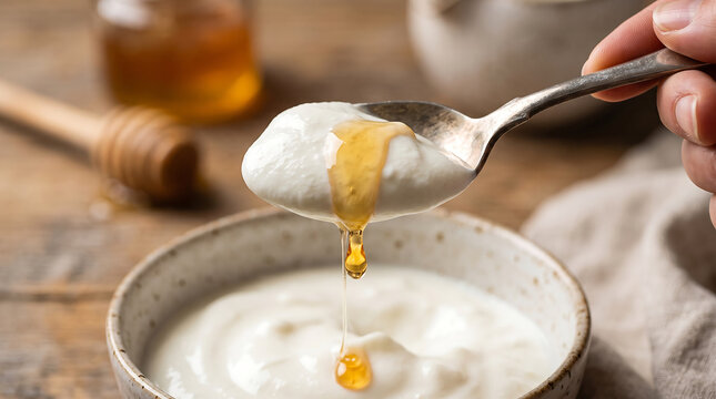 Spoonful of Thick Georgian Matsoni Fermented Yogurt Drizzled with Golden Honey Close-Up