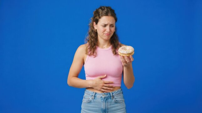Woman Looking Disappointed at a Colorful Donut