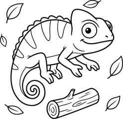 Obraz premium Cute cartoon chameleon sitting on a wooden log surrounded by falling leaves, simple line art coloring page for kids