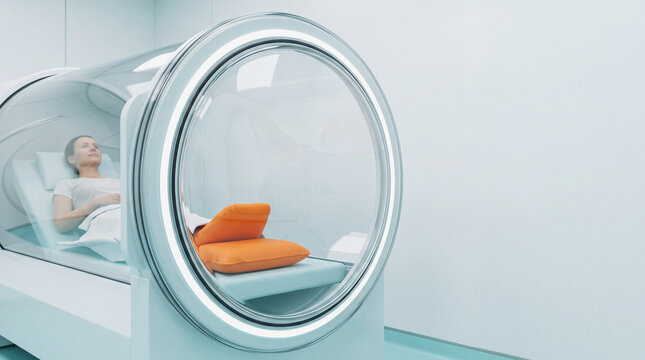 Hyperbaric oxygen therapy chamber with patient resting inside at wellness clinic
