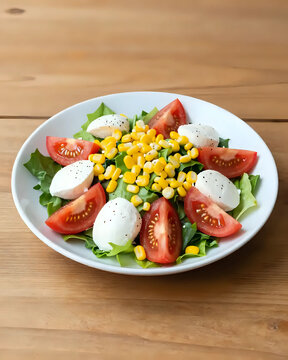 Image d'une assiette de salade de crudit&eacute;s compos&eacute;e de salade, de ma&iuml;s, de tomate et de mozzarella pos&eacute;e sur une table en bois. 