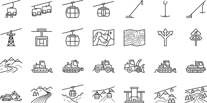 Ski Resort Icon Set with Cable Car Snow Groomer and Mountain SymbolsSki Resort Icon Set with Cable Car Snow Groomer and Mountain Symbols