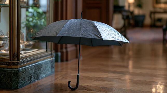 a museum docent's single wet umbrella leans against a display case in a rain soaked entryway, a collagen rich bone broth recipe card tucked into the handle, the solitary object