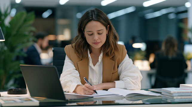 auditor reviews documents at a wide glass desk in an early morning mist filled open plan office, the establishing shot revealing an entire floor of quiet professionals beginning