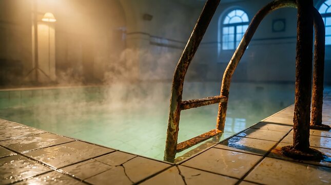 Rusted metal ladder in a steaming indoor swimming pool at a vintage spa facility