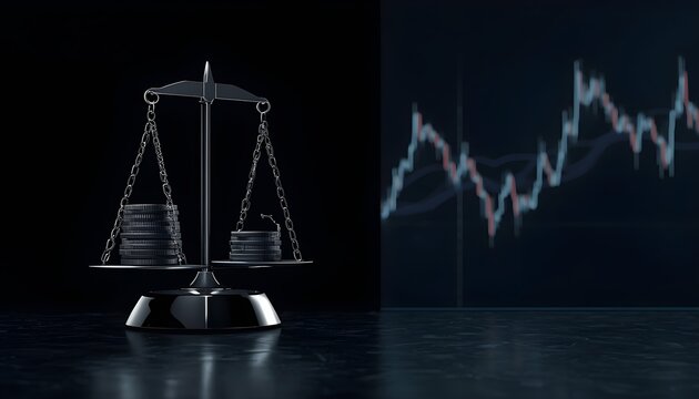 Metallic scale balancing stacks of coins with stock market chart in background. 3D concept for financial risk management, investment balance, and economy.