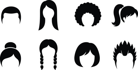 Obraz premium Men and women hairstyles and haircuts silhouette set featuring long straight hair curly afro ponytail bun braids and spiky hair