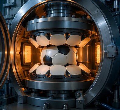sports football compression molding press shaping bonded panels around ball in factory


