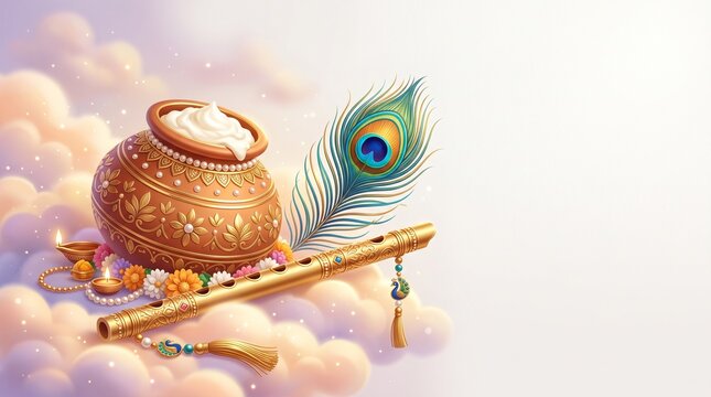 Janmashtami Matki Flute Peacock Feather Festive Background