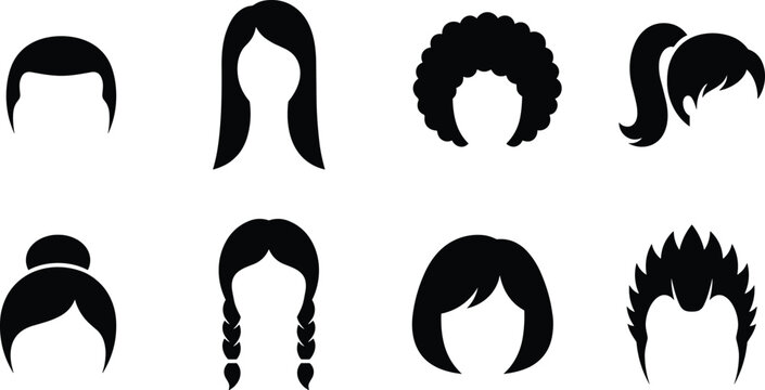 Men and women hairstyles and haircuts silhouette set featuring long straight hair curly afro ponytail bun braids and spiky hair