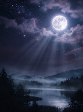 Luminous Full Moon Rays Over Misty Mountain Lake and Forest