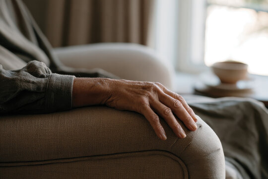 A gentle hand rests on the armrest of a cozy sofa, embodying a moment of relaxation and calmness in a serene domestic setting bathed in soft, natural light.