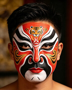 Traditional Chinese Opera Face Paint with Tiger and Gold Accents, Red Peking Opera Mask Makeup, Cultural Festival Young Man Portrait Close Up Graphic