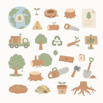 Forest conservation and deforestation clipart set with trees, logs, saw, axe, seedlings, recycling and forestry icons