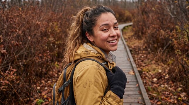 Sweaty young Latina hiker looking back with a weary smile on a narrow forest boardwalk, wearing a mud-stained ochre jacket as muted autumn brush surrounds her quiet solo journey outdoors alone