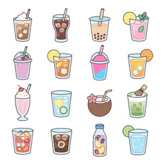 Fototapeta premium Collection of refreshing beverages: bubble tea, smoothies, cocktails, and more.