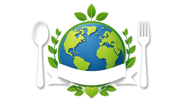 Globe encircled by green leaves with spoon and fork for eco friendly food theme.