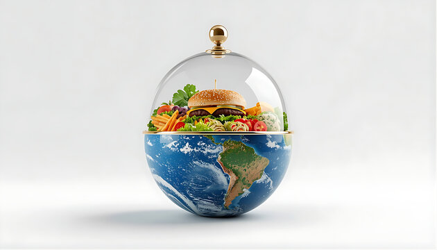 Globe with fast food and french fries under glass dome.