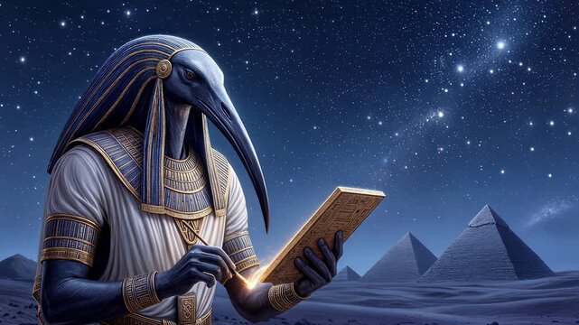 Thoth deity writing on stone tablet against starry night sky with pyramids. Ancient Egyptian mythology concept. Panning camera shot.