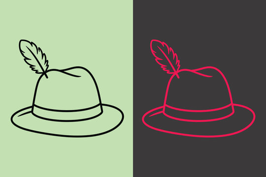 Two linear of alpine hats with feathers on split background