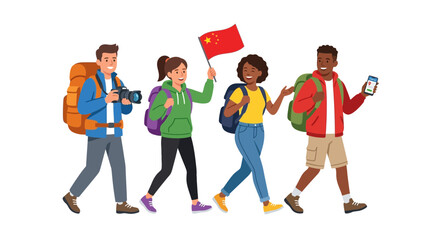Fototapeta premium Diverse group of happy backpackers walking and traveling together illustration