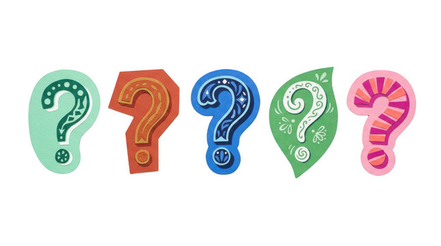 Colorful paper cut-out question mark symbols set isolated on transparent background