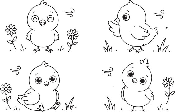 Cute baby chick vector line art illustration set with happy cartoon birds flowers and grass for coloring pages