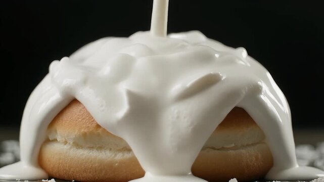 Closeup slow motion video of thick frothy milk cream spilling over the edges of a lightly toasted milk bun with detailed cream viscosity and hyper realistic crumbs