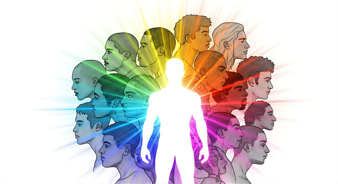 People profiles circular arrangement with vibrant spectrum light for unity concept.
