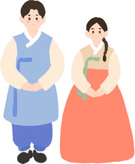 Obraz premium Young Man and Woman Standing in Traditional Korean Hanbok PNG Illustration