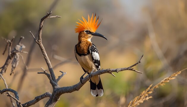 Colorful hoopoe bird with a distinctive orange crest and long curved beak perched on a dry tree branch in a natural woodland habitat, photographed with a softly blurred background.