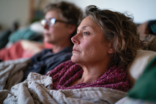 Two women sit closely wrapped in blankets, reflecting on life together in a cozy indoor space, offering a sense of comfort, warmth, and connection in this intimate moment.