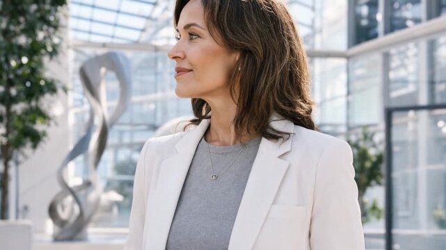 An elegant businesswoman in a white blazer holds a tablet inside a bright, glass-roofed atrium. She gazes thoughtfully to the side, surrounded by modern architecture, embodying corporate vision