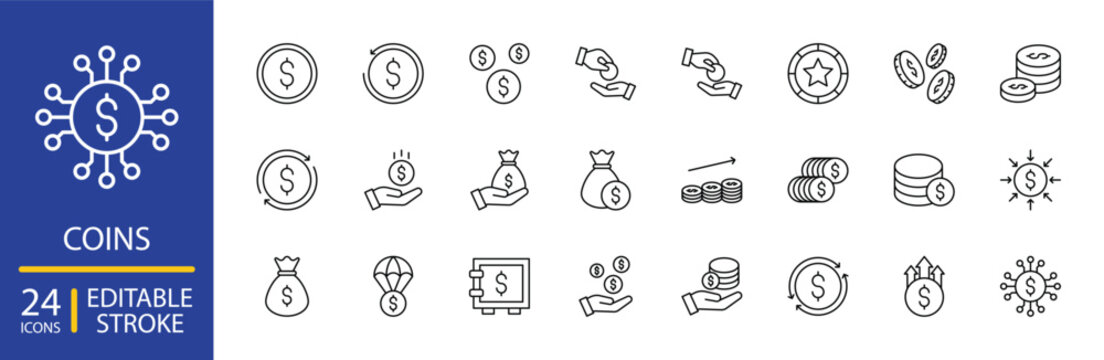 Coins Icon Set Editable Stroke