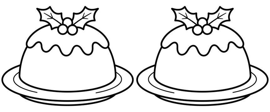 Two traditional christmas puddings with holly leaves and berries on plates isolated on a white background