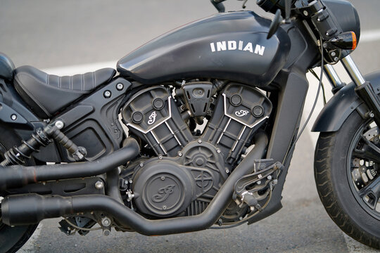 Minsk, Belarus. Sep 27, 2024. Indian motorcycle with powerful v-twins engine in black matte color, exhaust pipes, modern engineering, motorbike design, stylish details, speed and mechanical strength
