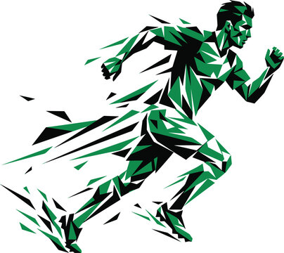 Abstract geometric runner silhouette in green and black colors sprinting fast action dynamic pose illustration for athletic design element and projects.